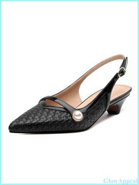Pointed Toe Slingback Kitten Heel Pumps with Pearl Decoration